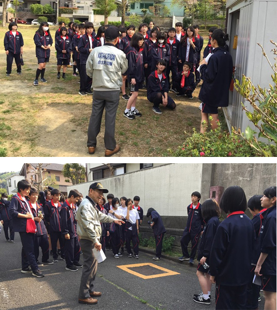 八王子市片倉台自治会自主防災隊が公園に設置された防災倉庫を案内したほか、避難路の安全性もチェックした