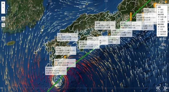 横浜国大などの研究グループが開発した被害予測システム「cmap.dev」の2018年台風24号の画面