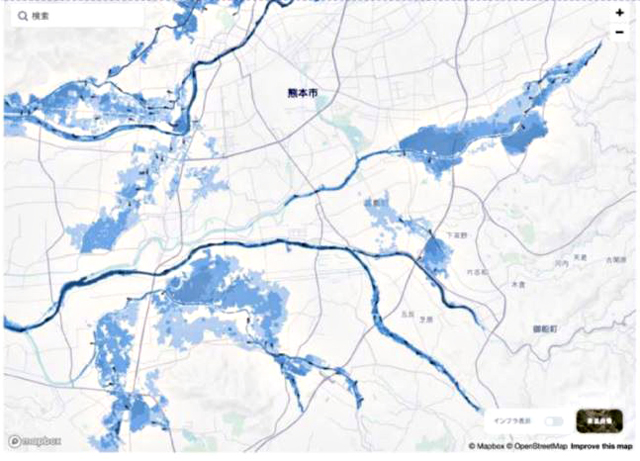 熊本大学資料より「洪水による浸水エリアの被害予測シミュレーションイメージ」