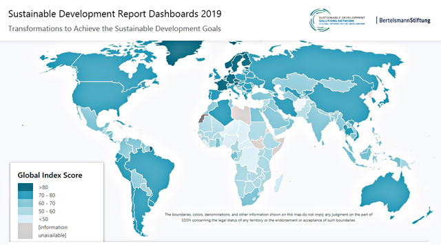 「Sustainable Development Report Dashboards 2019」より。同ホームページ・サイトでは地図上の各国の「達成度」が色分けされているほか、各国をクリックすると「達成度」が数値で表示される