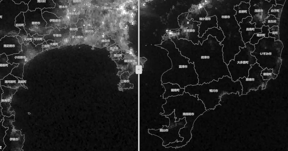 防災科学技術研究所「令和元(2019)年 梅雨期・台風期 クライシスレスポンスサイト」より、「人工衛星観測による夜間光マップ比較 (9/2 vs 9/9)」。米国NOAAの人工衛星「Suomi NPP」が観測した夜間光の分布。白い(明るい)ほど夜間光が強いことを示す(左→9月2日夜 右→9月9日夜)。この画像ではそれほど鮮明ではないが、センターのボーダーを左右に動かすことで、平時の夜間光と停電後の房総半島の状況を比較できる