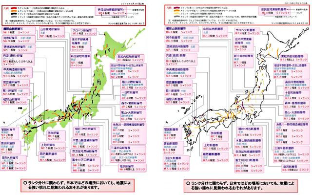 P3 2b 主要活断層の評価結果の配色変更イメージ（左：変更前、右：変更後） - 地震本部　地震動予測地図など“色のバリアフリー化”へ