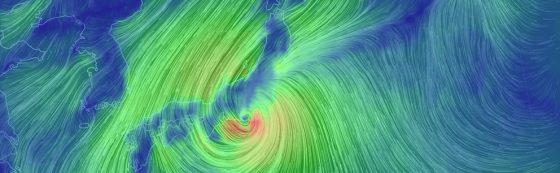 『earth.nullschool.net』より台風12号の可視化された風速（元画像はアニメ動画。2019年10月12日19時00分現在）