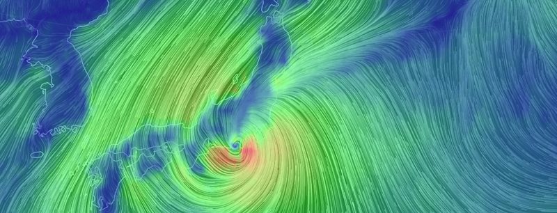 『earth.nullschool.net』より台風12号の可視化された風速（元画像はアニメ動画。2019年10月12日19時00分現在）