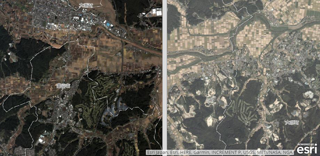 酪農学園大学広報資料より「宮城県吉田川の洪水状況を人工衛星の画像」