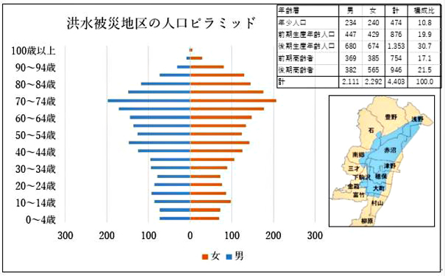 洪水被災地区の人口ピラミッドと年齢層別人口数と構成比