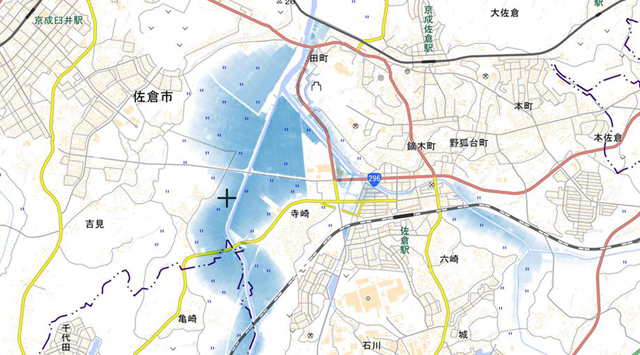 P3 3 国土地理院資料「利根川水系（鹿島川・高崎川）佐倉市周辺の浸水推定段彩図」より（一部トリミング） - 国土地理院の「浸水推定段彩図」、台風19号で活躍