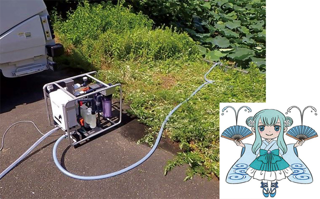 池の水を浄化する様子。右下は「水姫」マスコットキャラクター
