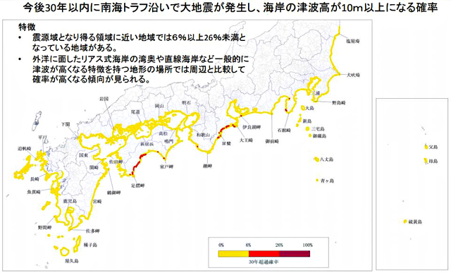 地震本部 南海トラフ巨大地震「30年以内津波確率」を初公表 P3 1c 「海岸津波高が10m以上になる確率」 - 地震本部 南海トラフ巨大地震「30年以内津波確率」を初公表