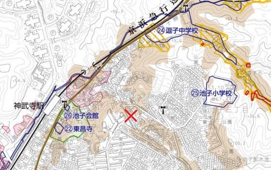 土砂崩落が発生した逗子市内周辺地図（逗子市「土砂災害等ハザードマップ」より）