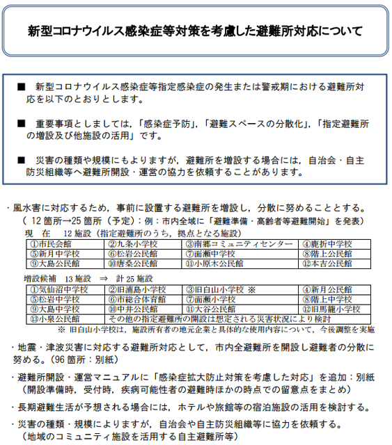 宮城県気仙沼市「新型コロナウイルス感染症等対策を考慮した避難所対応について」より(一部抜粋)