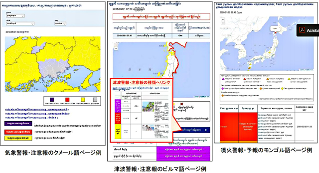 P5 1b 防災気象情報 14カ国語のページ例（気象庁資料より） - 外国人支援の防災情報<br>気象庁情報多言語化の試み