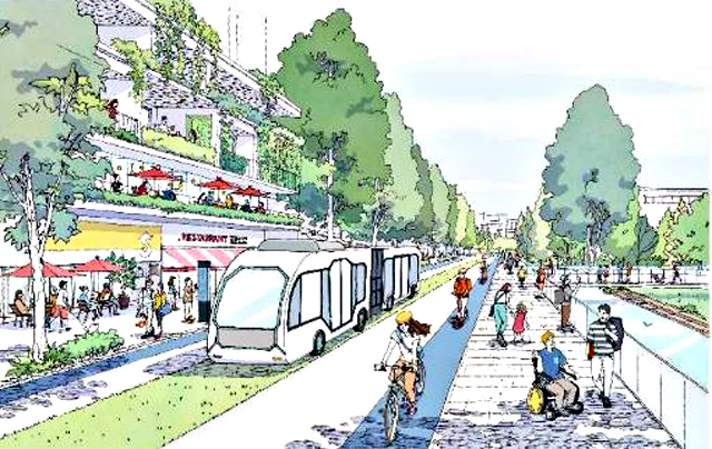 「2040年、道路の景色が変わる」より、上画像: 「店舗(サービス)の移動」イメージ。下:「BRT や自転車等を中心とした低炭素な交通システ ム」イメージ