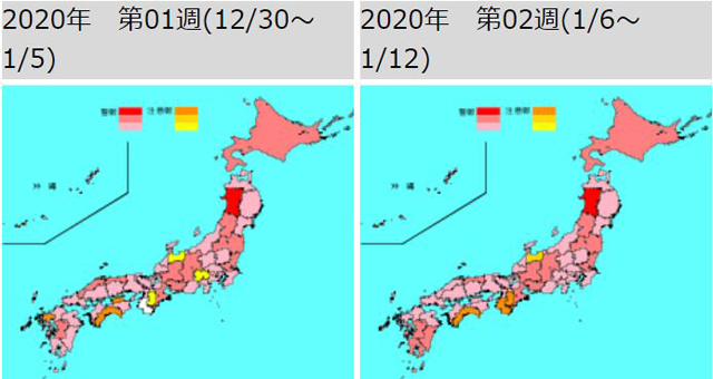 国立感染症研究所「インフルエンザ流行レベルマップ」より、「2020年第01週(12/30～1/5)」（左）と「2020年第02週(1/6～1/12)」