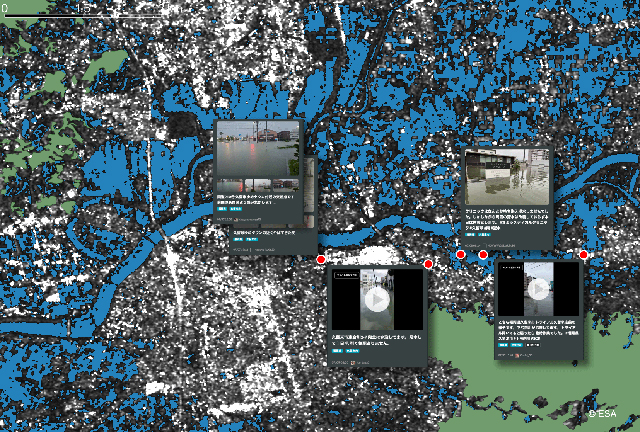 P6 1a 総合インテリジェンスシステムの画面イメージ＜水災発生時＞ - 「衛星データ解析結果<br>+SNSの投稿内容」＝精度向上