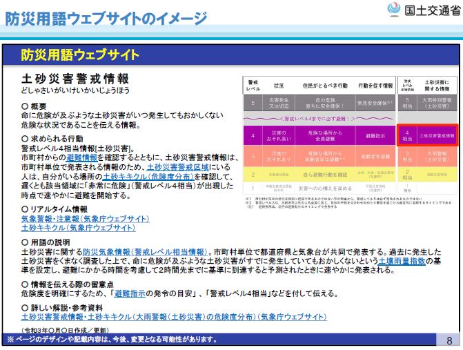 P2 3 『防災用語ウェブサイト』の用語「土砂災害警戒情報」解説ページのイメージ - 出水期に新設予定！<br>『 防災用語ウェブサイト』