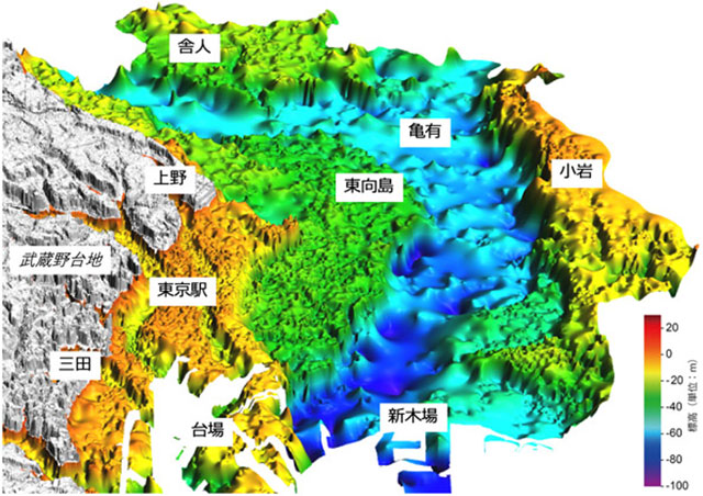 P1 東京下町の低地の地下の埋没谷形状（産総研資料より） - 防災テック：地下3次元地図<br>＆ 衛星防災・被害予測
