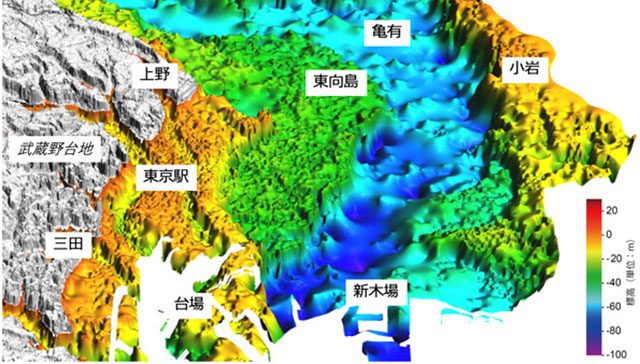 東京下町の低地の地下の埋没谷形状（産総研資料より）