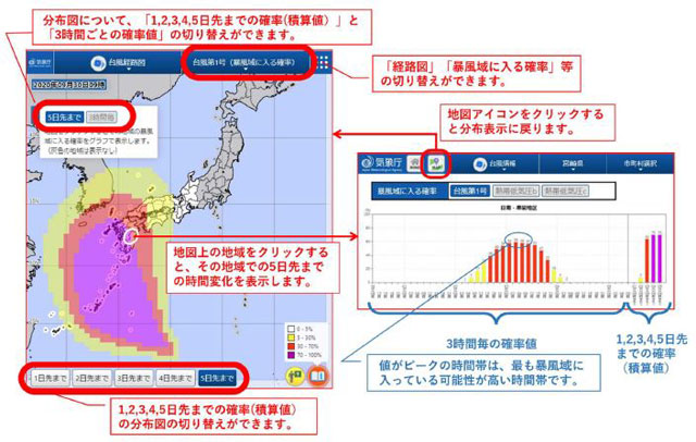 P3 3 「台風の暴風域に入る確率」 発達する熱帯低気圧の段階からの提供を開始 - 気象庁「台風の暴風域に入る確率」<br>発達する熱帯低気圧の段階から提供