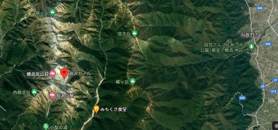 P4 2 槍ヶ岳、涸沢カール、国営アルプスあづみの公園（安曇野市）位置図（Google mapより） 1 - 地震は山岳地帯も揺らす<br>登山者は落石・崩落へのイメージも