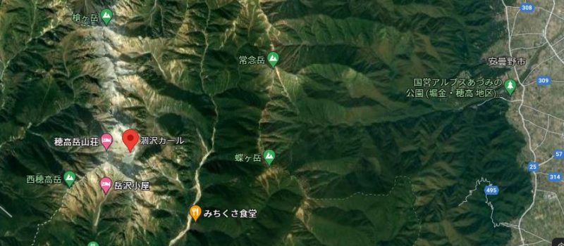 槍ヶ岳、涸沢カール、国営アルプスあづみの公園（安曇野市）位置図（Google-mapより）-1
