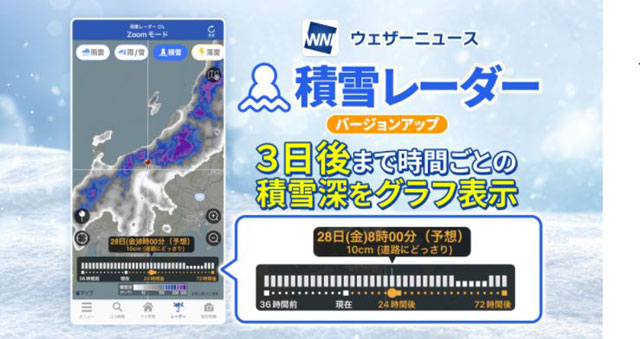 P5 4 ウェザーニュース「積雪レーダー」（例） - ウェザーニュース・アプリ<br>「積雪レーダー」をバージョンアップ