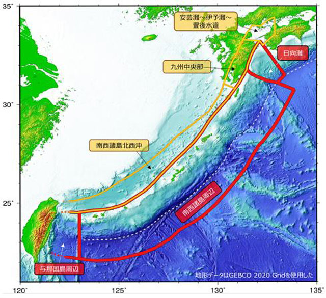 P1 日向灘及び南西諸島海溝周辺の地震活動の長期評価（第二版）「評価対象領域」より - 揺れる日本地殻変動帯列島