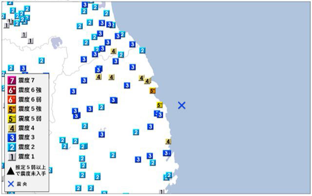 P2 2 3月18日岩手県沖地震の震度分布（気象庁資料より） - 揺れる日本地殻変動帯列島
