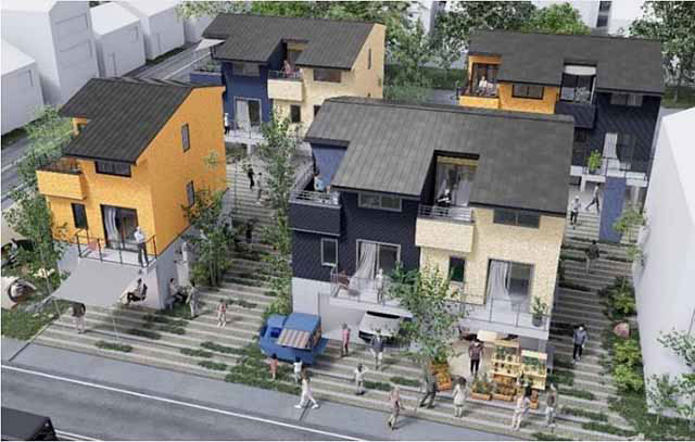 P6 1a 外観イメージ（手前側左：1戸建て、右：2戸建て、奥側左右共に2戸建て） - 水害対策に特化した賃貸住宅が登場