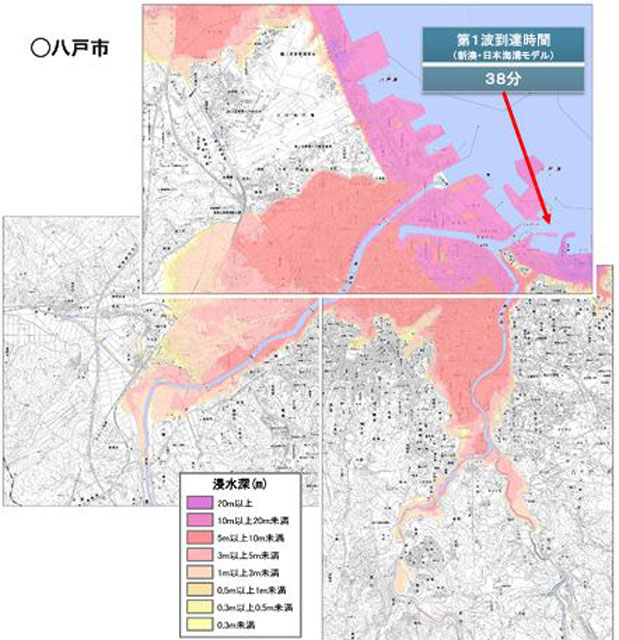 P3 3 津波浸水想定図（八戸市）より - 青森県 津波被害想定<br>　青森市が死者最多――<br>八戸市津波高26.1m