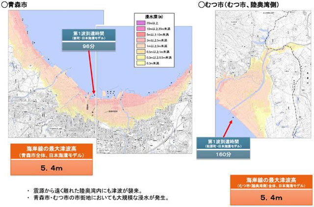 P3 4 青森市・むつ市 津波浸水想定図 - 青森県 津波被害想定<br>　青森市が死者最多――<br>八戸市津波高26.1m