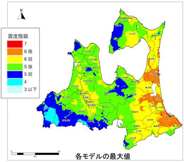 P3 5 各モデルの震度最大値 - 青森県 津波被害想定<br>　青森市が死者最多――<br>八戸市津波高26.1m
