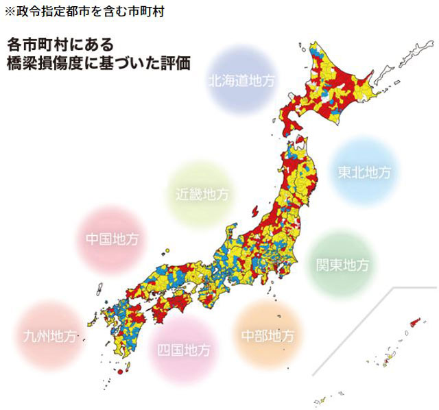 P2 1 各市町村にある橋梁損傷度に基づいた評価（土木学会資料より） - インフラリスク<br>予防保全で最悪事態回避