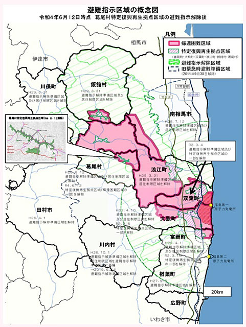 P2 2 避難指示区域の概念図（福島県「福島復興ステーション」HPより） - 原発事故で国 免責<br>⇒ 災害検証を考える