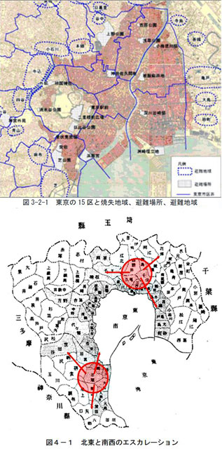 P3 2 上図：東京15区と焼失地域、避難場所、避難地域、下：「北東と南西のエスカレーション（激化）」 - 関東大震災から99年<br>わが国災害史上最悪の教訓