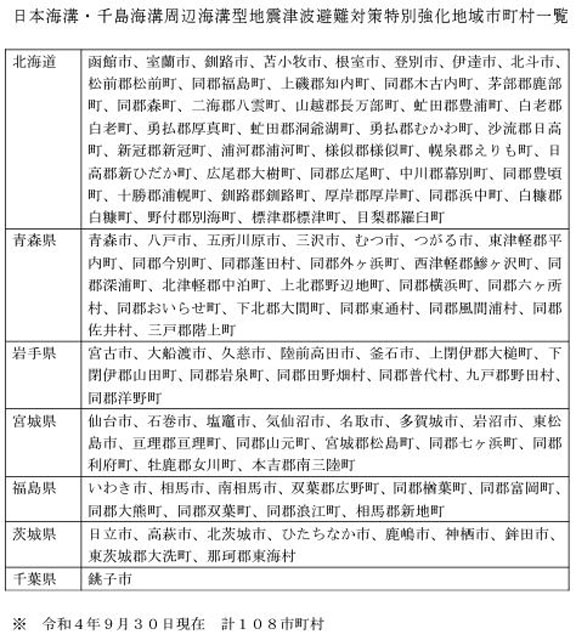 P3 4 津波避難防災対策「特別強化地域 市町村一覧」（内閣府資料より） - 日本海溝・千島海溝対策〜<br>「推進地域」と「特別強化地域」