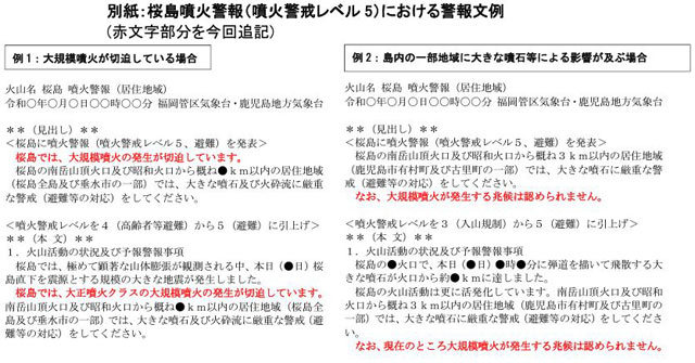 P4 1 桜島噴火警報（噴火警戒レベル5）における警報文例（気象庁資料より） - 桜島 噴火警報文の改善