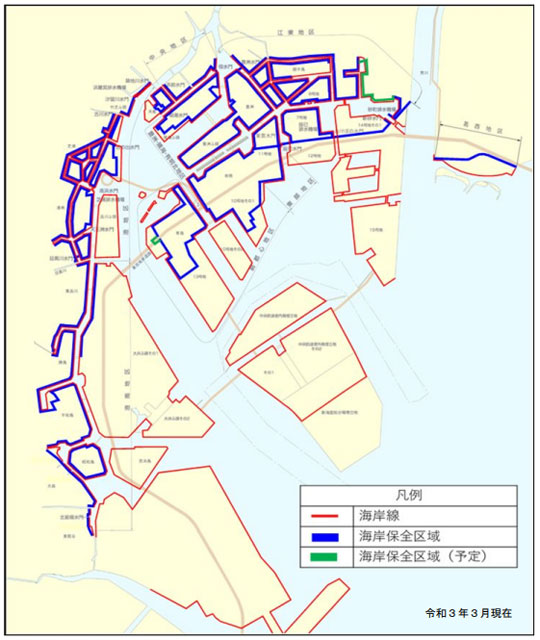 P5 3 基本計画の対象範囲（海岸保全区域） - 東京都、沿岸防潮堤を<br>最高1.4m かさ上げへ
