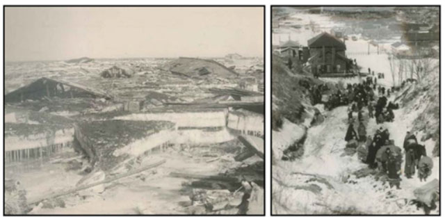 P4 2 上左：1952年十勝沖地震津波で市街地に打ち上げられた流氷、右：高台に避難する住民 - 厳冬期の大規模災害に備える