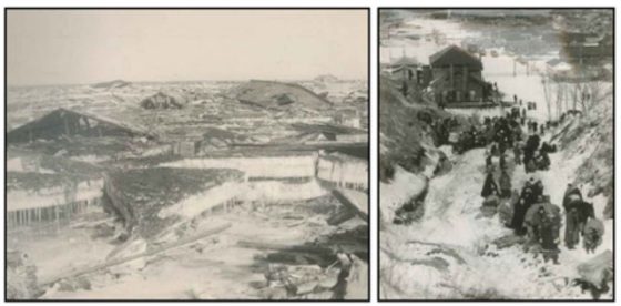 P4 2 上左：1952年十勝沖地震津波で市街地に打ち上げられた流氷、右：高台に避難する住民 560x276 - 厳冬期の大規模災害に備える