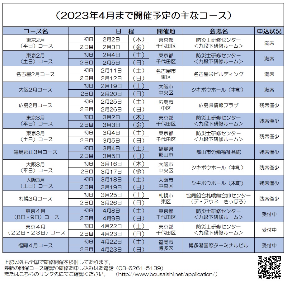 2023年4月まで開催の主なコース - 防災士になる。<br>防災士研修センター ［広報］<br> 最新研修コース情報<br> 2023. 02. 03.