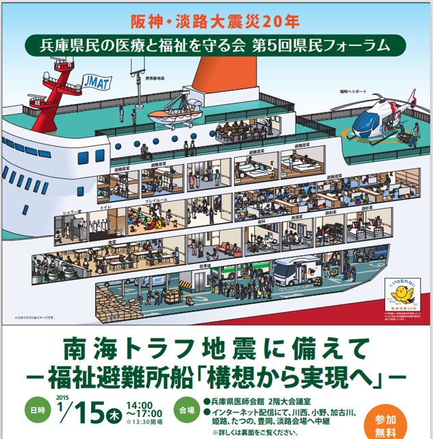 P2 3 兵庫県「福祉避難所船」構想のシンポジウムちらしより（2015年1月） - 《 TOKYO 強靭化プロジェクト 》<br>関東大震災100年を契機に<br>自助・共助・公助機運を醸成