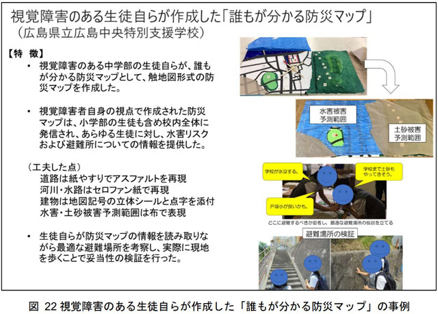 P3 4 視覚障害のある生徒自らが作成した「誰もが分かる防災マップ」の事例（図22） - 「わかる・伝わる ハザードマップ」<br> に向けて 方針