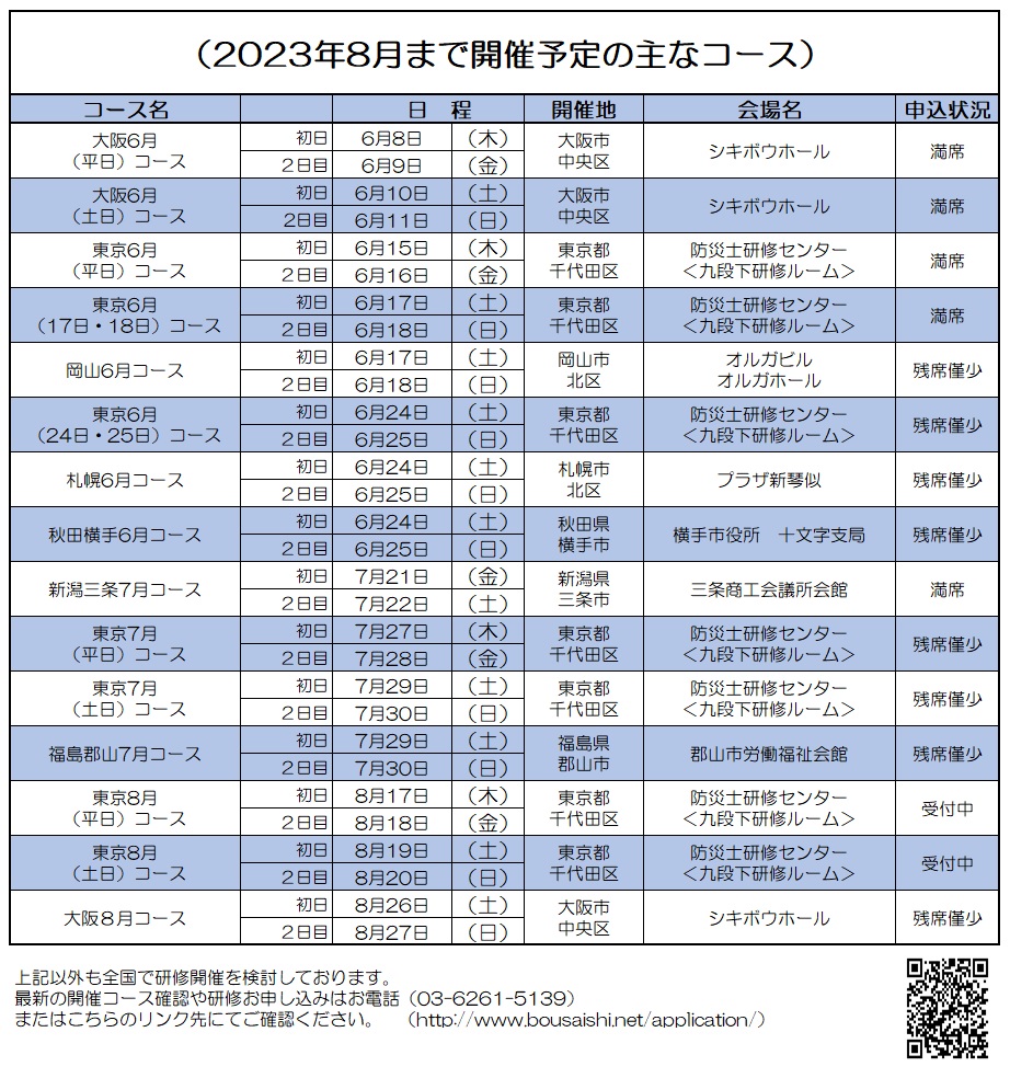 2023年8月まで開催予定の主なコース - 防災士になる。<br>防災士研修センター ［広報］<br> 最新研修コース情報<br> 2023. 06. 03.