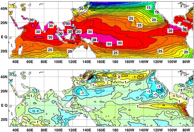 P1 2023年6月の海面水温図（上）、平年偏差図（下）（気象庁資料より） - スーパーエルニーニョ現象が<br>自然災害多発をもたらす？…