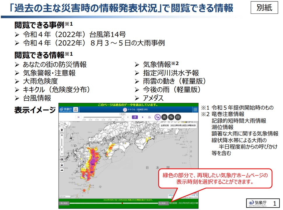 P3 1 「過去の主な災害時の情報発表状況」で閲覧できる情報（気象庁資料より） - 防災気象情報アーカイブと<br>台風予報円改善