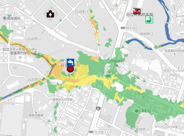 P2 1 内水浸水想定区域に立地する日立市役所（日立市WEB版ハザードマップより） - 台風13号の想定外―「想定内の被災」