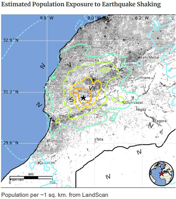P3 2 モロッコ・マラケシュ南地震の震源位置図（推定人口と揺れの程度／USGS資料より） - モロッコ大地震とリビア大洪水<br>　北アフリカで同時巨大災害