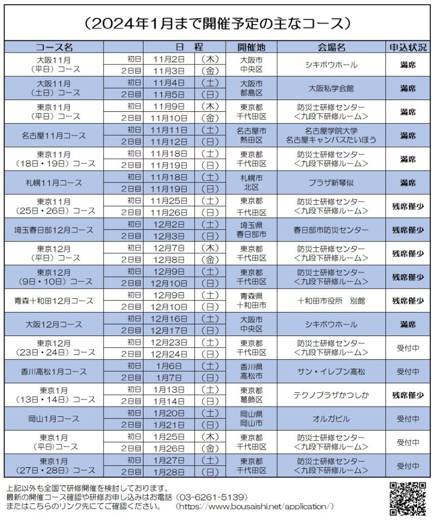 2024年1月まで開催予定の主なコース 852x1024 - 防災士になる。<br>防災士研修センター ［広報］<br> 最新研修コース情報<br> 2023. 11. 03.