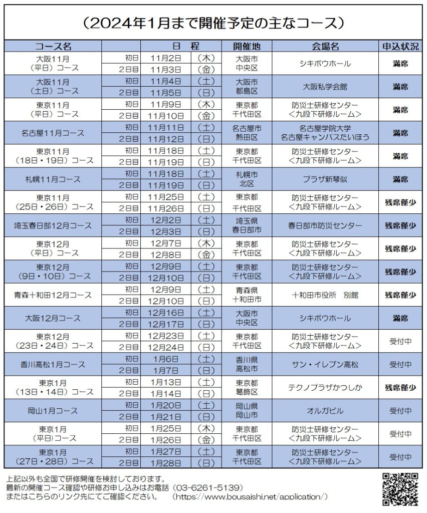 2024年1月まで開催予定の主なコース 852x1024 - 防災士になる。<br>防災士研修センター ［広報］<br> 最新研修コース情報<br> 2023. 11. 03.